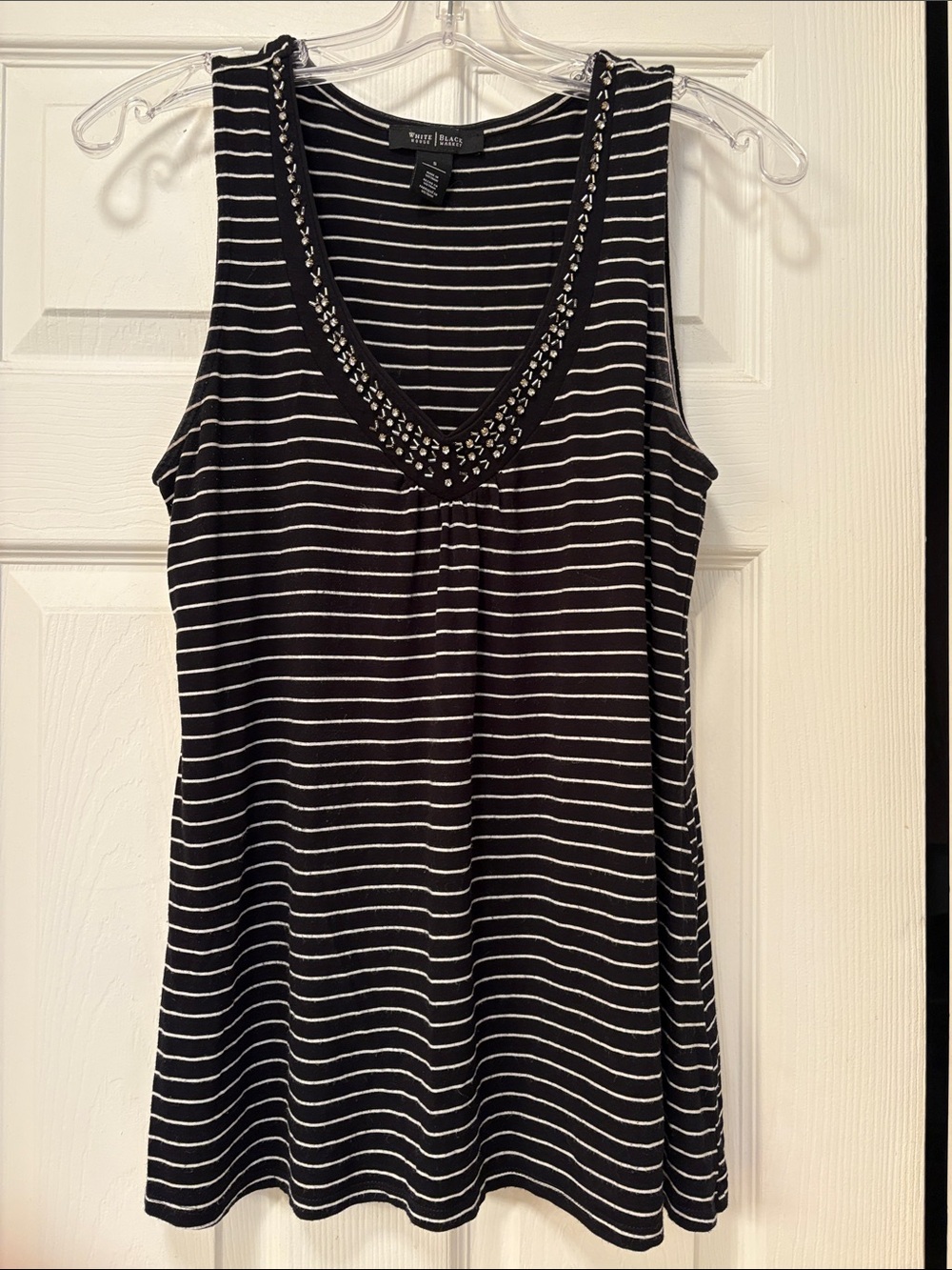 White House Black Market Black & White Striped Embellished V-Neck Tank